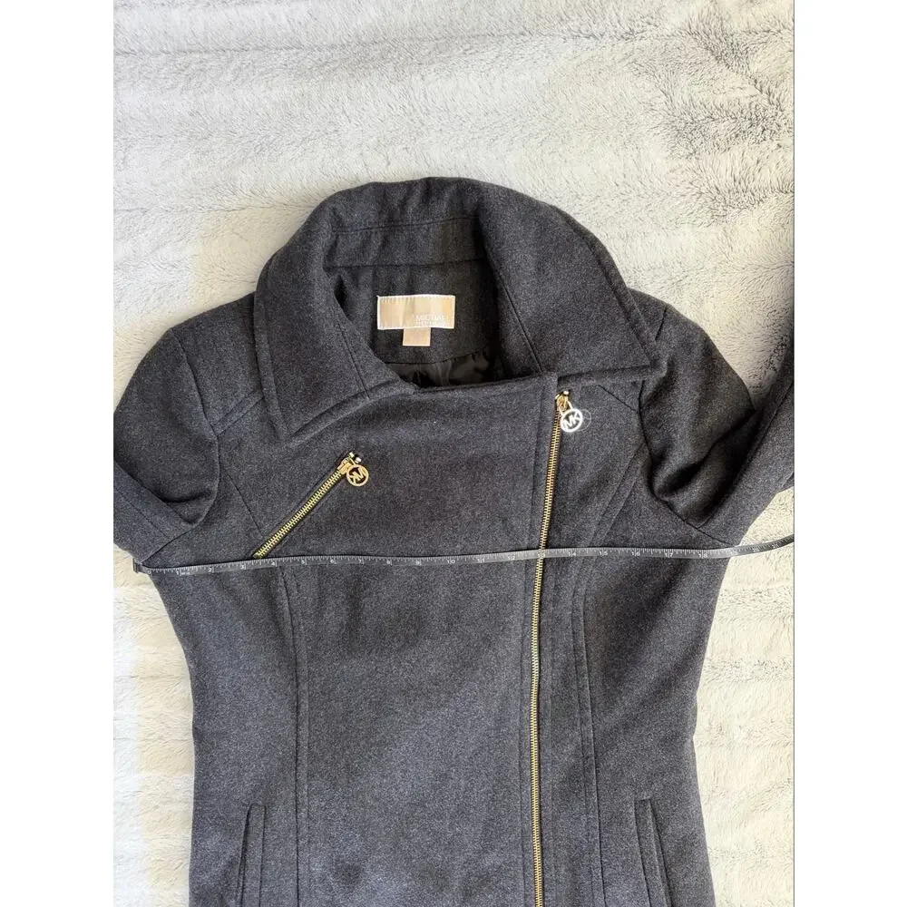 Michael Kors Wool Blend Asymmetrical Coat Size 6 Charcoal Gray Gold Zip